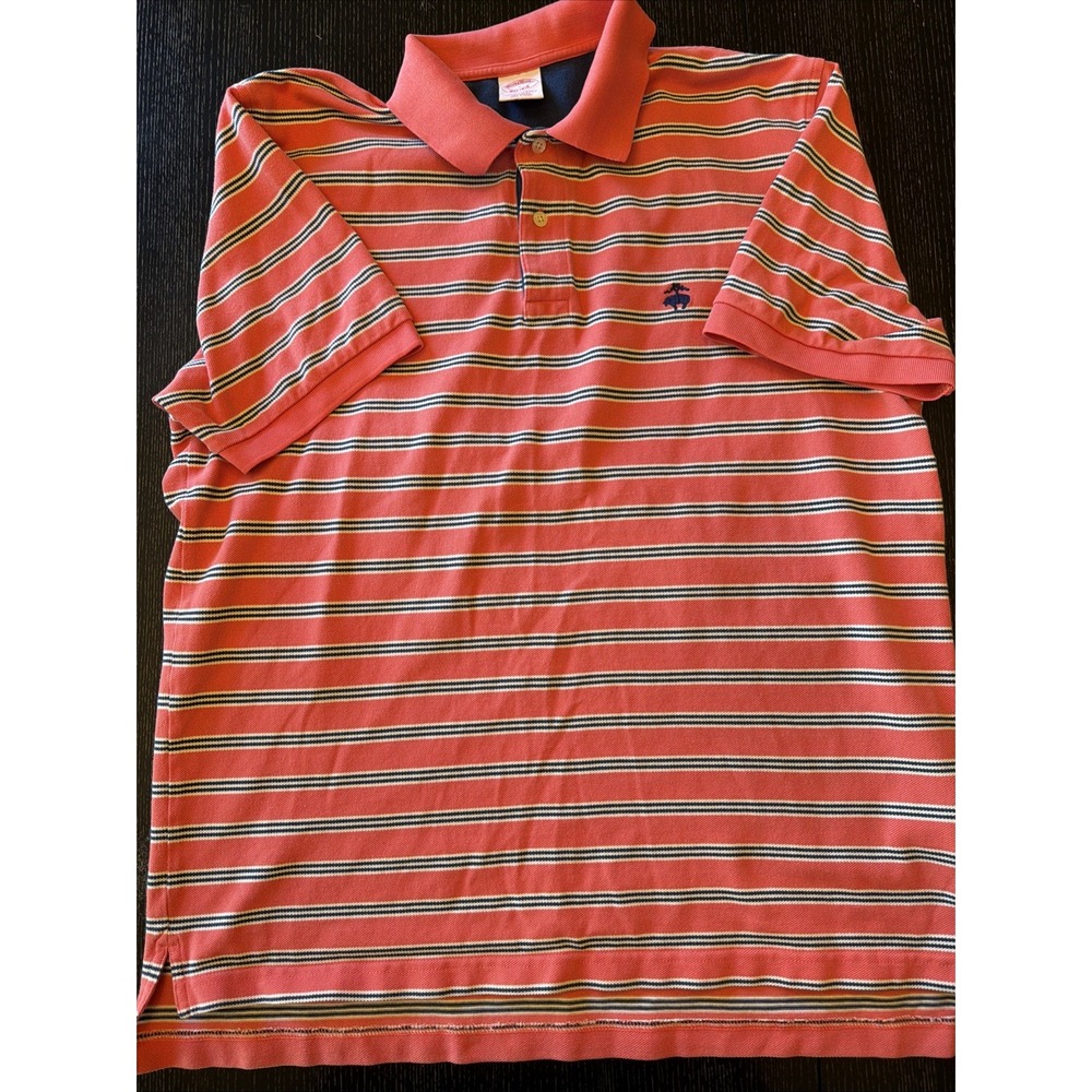 Brooks Brothers Polo Shirt Mens L Coral Navy Stripe Golden Fleece Cotton